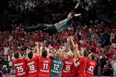 Paris Olympics Handball: Denmark players celebrate their victory after the gold medal match against Germany 